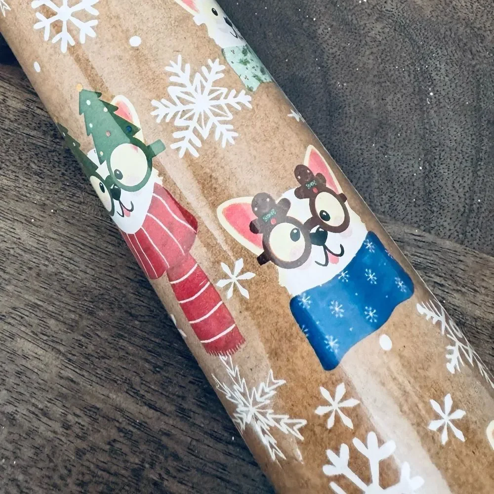 Christmas Frenchie Dogs in Glasses Snowflakes Tan Gift Wrap Wrapping Paper Roll